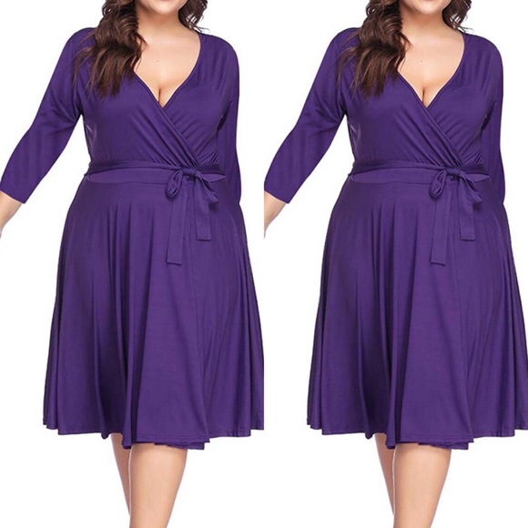 Plus size Purple V Neck Wrap Midi Dress,1-4X - Picture 2 of 7